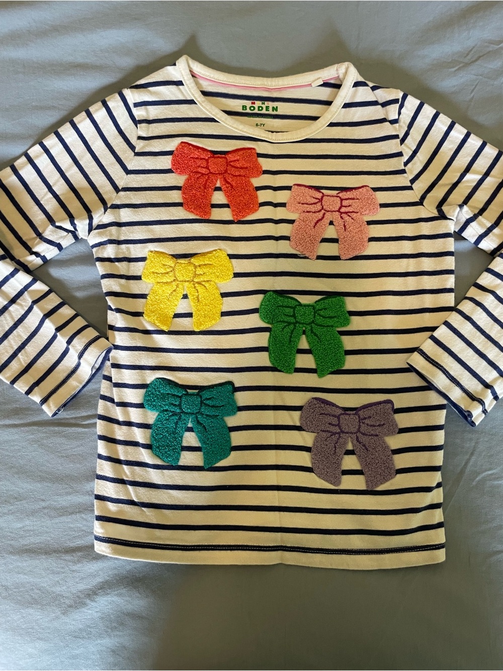 Mini Boden White & Navy Stripe Long-Sleeve Top with Multicolor Bow Appliqués